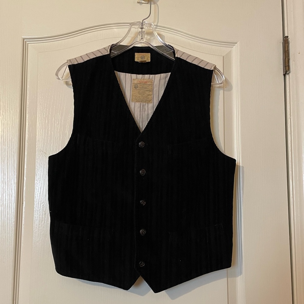 VTG 90s Trevero Black Corduroy Vest Classic Tailored Waistcoat Size M Literary